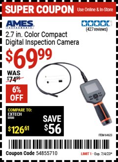 Harbor Freight Coupon AMES 2.7 IN COLOR COMPACT DIGITAL INSPECTION CAMERA Lot No. 61839 Expired: 7/4/23 - $69.99