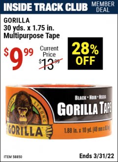 Harbor Freight ITC Coupon GORILLA 30 YDS X 1.75 IN. MULTIPURPOSE TAPE Lot No. 58850 Expired: 3/31/22 - $9.99