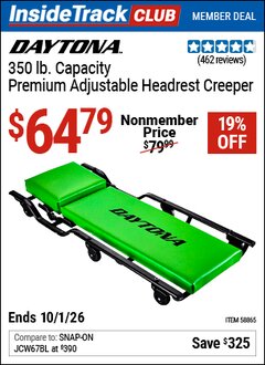 Harbor Freight Coupon DAYTONA 350 LB. CAPACITY PREMIUM ADJUSTABLE HEADREST CREEPER Lot No. 58865 Valid: 12/31/69 - 10/1/26 - $64.79
