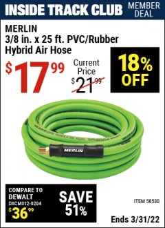 Harbor Freight ITC Coupon MERLIN 3/8 IN. X 25 FT. PVC/RUBBER Lot No. 58530 Expired: 3/31/22 - $17.99