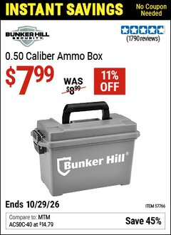 Harbor Freight Coupon BUNKER HILL SECURITY 0.50 CALIBER AMMO BOX Lot No. 57766 Valid Thru: 10/29/26 - $7.99