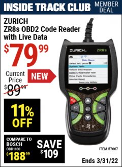 Harbor Freight ITC Coupon ZURICH ZR8S OBD2 CODE READER WITH LIVE DATA Lot No. 57667 Expired: 3/31/22 - $79.99