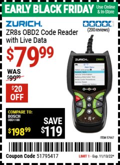 Harbor Freight Coupon ZURICH ZR8S OBD2 CODE READER WITH LIVE DATA Lot No. 57667 Expired: 11/13/22 - $79.99