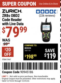 Harbor Freight Coupon ZURICH ZR8S OBD2 CODE READER WITH LIVE DATA Lot No. 57667 Expired: 12/25/22 - $79.99