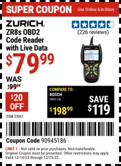 Harbor Freight Coupon ZURICH ZR8S OBD2 CODE READER WITH LIVE DATA Lot No. 57667 Expired: 12/25/22 - $79.99