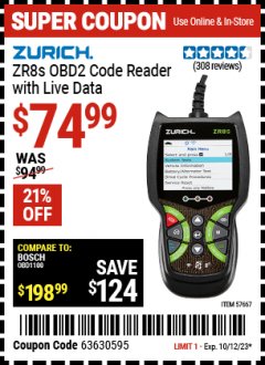 Harbor Freight Coupon ZURICH ZR8S OBD2 CODE READER WITH LIVE DATA Lot No. 57667 Expired: 10/12/23 - $74.99