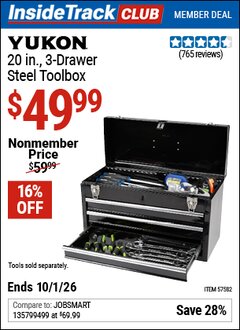 Harbor Freight Coupon YUKON 20 IN., 3-DRAWER STEEL TOOLBOX Lot No. 57582 Valid: 12/31/69 - 10/1/26 - $49.99