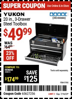Harbor Freight Coupon YUKON 20 IN., 3 DRAWER STEEL TOOLBOX Lot No. 57582 Expired: 7/16/23 - $44.99