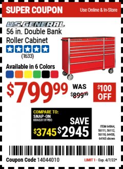Harbor Freight Coupon 56 IN. DOUBLE BANK ROLLER CABINET Lot No. 64864,56111,56112,56110,64458,64165 Expired: 4/7/22 - $799.99