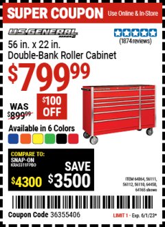 Harbor Freight Coupon 56 IN. DOUBLE BANK ROLLER CABINET Lot No. 64864,56111,56112,56110,64458,64165 Expired: 6/1/23 - $799.99