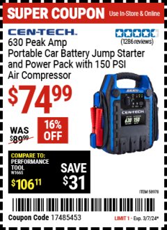 Harbor Freight Coupon CEN-TECH 630 PEAK AMP PORTABLE JUMP STARTER AND POWER PACK WITH 250 PSI AIR COMPRESSOR Lot No. 58978  Expired: 3/7/24 - $74.99