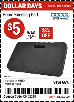 Harbor Freight Coupon FOAM KNEELING PAD Lot No. 1867 Valid Thru: 12/31/25 - $5