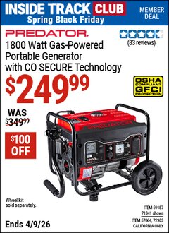 Harbor Freight ITC Coupon PREDATOR 1800 WATT GAS-POWERED PORTABLE GENERATOR WITH CO SECURE TECHNOLOGY Lot No. 57064/71341/59187/72903 Expired: 4/9/26 - $249.99