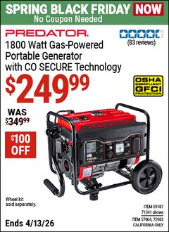Harbor Freight Coupon PREDATOR 1800 WATT GAS-POWERED PORTABLE GENERATOR WITH CO SECURE TECHNOLOGY Lot No. 57064/71341/59187/72903 Expired: 4/12/26 - $249.99