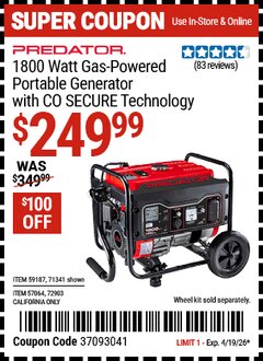 Harbor Freight Coupon PREDATOR 1800 WATT GAS-POWERED PORTABLE GENERATOR WITH CO SECURE TECHNOLOGY Lot No. 57064/71341/59187/72903 Expired: 4/19/26 - $249.99