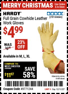 Harbor Freight Coupon HARDY FULL GRAIN LEATHER WORK GLOVES Lot No. 63154/63153/61459 Expired: 12/11/22 - $4.99