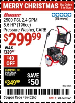 Harbor Freight Coupon PREDATOR 2500 PSI, 2.4 GPM 5.6 HP (196CC) PRESSURE WASHER Lot No. 58026 Expired: 12/11/22 - $299.99