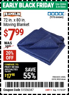 Harbor Freight Coupon 72 IN. X 80 IN. MOVING BLANKET Lot No. 58324 69505 62418 66537 Expired: 11/13/22 - $7.99