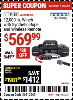 Harbor Freight Coupon BADLAND APEX 12,000 LB WINCH WITH SYNTHETIC ROPE AND WIRELESS REMOTE Lot No. 56385 Expired: 10/23/22 - $569.99
