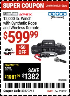 Harbor Freight Coupon BADLAND APEX 12,000 LB WINCH WITH SYNTHETIC ROPE AND WIRELESS REMOTE Lot No. 56385 Expired: 2/9/23 - $599.99