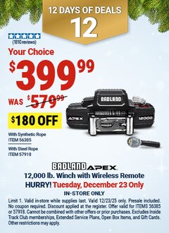 Harbor Freight Coupon BADLAND APEX 12,000 LB WINCH WITH SYNTHETIC ROPE AND WIRELESS REMOTE Lot No. 56385 Expired: 12/23/25 - $399.99