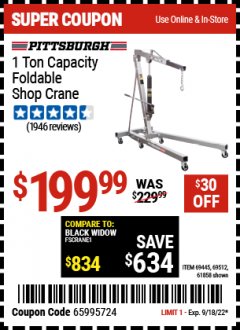Harbor Freight Coupon PITTSBURGH 1 TON CAPACITY FOLDABLE SHOP CRANE Lot No. 61858/69512/69445 Expired: 9/18/22 - $199.99
