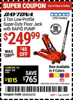 Harbor Freight Coupon DAYTONA 3 TON LOW PROFILE SUPER DUTY FLOOR JACK WITH RAPID PUMP (ALL COLORS) Lot No. 63183/57589/57590 Expired: 2/4/24 - $249.99
