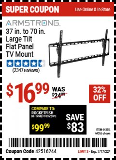 Harbor Freight Coupon ARMSTRONG 37" TO 70" LARGE TILT FLAT PANEL TV MOUNT Lot No. 64355/64356 Expired: 7/17/22 - $16.99