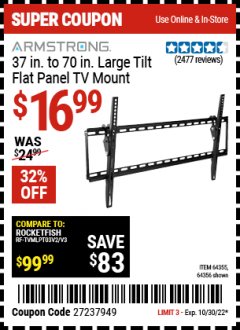 Harbor Freight Coupon ARMSTRONG 37" TO 70" LARGE TILT FLAT PANEL TV MOUNT Lot No. 64355/64356 Expired: 10/30/22 - $16.99