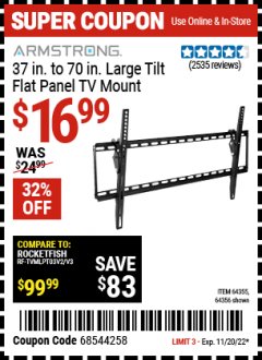 Harbor Freight Coupon ARMSTRONG 37" TO 70" LARGE TILT FLAT PANEL TV MOUNT Lot No. 64355/64356 Expired: 11/20/22 - $16.99