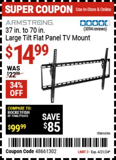 Harbor Freight Coupon ARMSTRONG 37" TO 70" LARGE TILT FLAT PANEL TV MOUNT Lot No. 64355/64356 Expired: 4/21/24 - $14.99