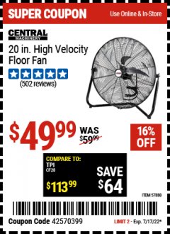 Harbor Freight Coupon CENTRAL MACHINERY 20" HIGH VELOCITY FLOOR FAN Lot No. 57880 Expired: 7/17/22 - $49.99