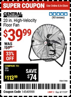 Harbor Freight Coupon CENTRAL MACHINERY 20" HIGH VELOCITY FLOOR FAN Lot No. 57880 Expired: 8/17/23 - $39.99
