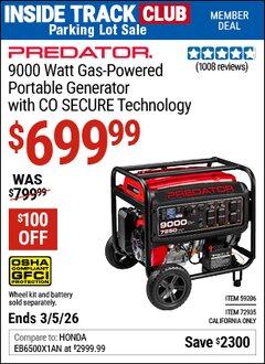 Harbor Freight ITC Coupon PREDATOR 9000 WATT GAS-POWERED PORTABLE GENERATOR WITH CO SECURE TECHNOLOGY Lot No. 59206/72935 Expired: 3/5/26 - $699.99