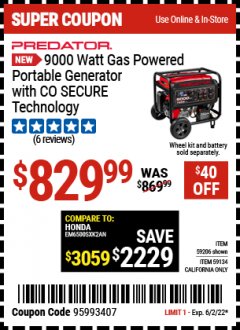 Harbor Freight Coupon 9000 WATT GAS POWERED GENERATOR WITH CO SECURE TECHNOLOGY Lot No. 59206,59134 Expired: 6/2/22 - $829.99