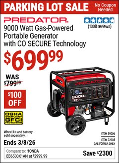 Harbor Freight Coupon PREDATOR 9000 WATT GAS-POWERED PORTABLE GENERATOR WITH CO SECURE TECHNOLOGY Lot No. 59206/72935 Valid Thru: 3/8/26 - $699.99