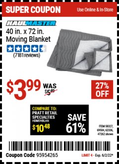 Harbor Freight Coupon HAULMASTER 40 IN X 72 IN MOVING BLANKET Lot No. 58327/69504/62336/47262 Expired: 6/2/22 - $3.99