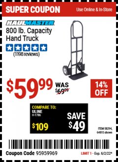 Harbor Freight Coupon HAULMASTER 800 LB. CAPACITY HAND TRUCK Lot No. 58294/64815 Expired: 6/2/22 - $59.99