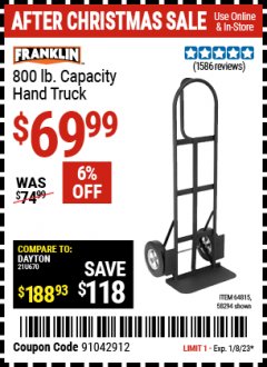 Harbor Freight Coupon HAULMASTER 800 LB. CAPACITY HAND TRUCK Lot No. 58294/64815 Expired: 1/8/23 - $69.99