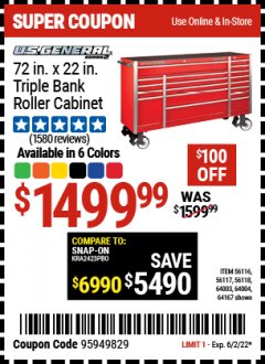 Harbor Freight Coupon U.S. GENERAL 72 IN X 22 IN TRIPLE BANK ROLLER CABINETS, ALL COLORS Lot No. 56116/56117/56118/64003/64004/64167 Expired: 6/2/22 - $1499.99