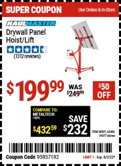 Harbor Freight Coupon HAULMASTER DRYWALL PANEL HOIST/LIFT Lot No. 58307/62484/69377 Expired: 6/2/22 - $199.99