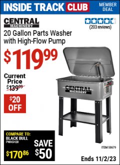 Harbor Freight ITC Coupon CENTRAL MACHINERY 20 GALLON PARTS WASHER WITH HIGH FLOW PUMP Lot No. 58679 Expired: 11/2/23 - $119.99