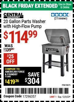 Harbor Freight Coupon CENTRAL MACHINERY 20 GALLON PARTS WASHER WITH HIGH FLOW PUMP Lot No. 58679 Expired: 12/3/23 - $114.99