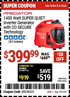 Harbor Freight Coupon PREDATOR 1400 WATT SUPER QUIET INVERTER GENERATOR WITH CO SECURE TECHNOLOGY Lot No. 57063/59186 Expired: 7/31/22 - $399.99