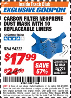 Harbor Freight ITC Coupon CARBON FILTER NEOPRENE DUST MASK WITH REPLACEABLE LINERS Lot No. 94222 Expired: 3/31/19 - $17.99