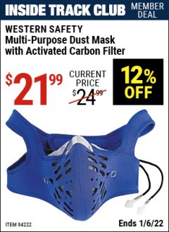 Harbor Freight ITC Coupon CARBON FILTER NEOPRENE DUST MASK WITH REPLACEABLE LINERS Lot No. 94222 Expired: 1/6/22 - $21.99