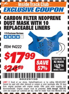 Harbor Freight ITC Coupon CARBON FILTER NEOPRENE DUST MASK WITH REPLACEABLE LINERS Lot No. 94222 Expired: 12/31/18 - $17.99