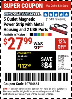 Harbor Freight Coupon U.S. GENERAL 5 OUTLET MAGNETIC POWER STRIP WITH METAL HOUSING AND 2 USB PORTS Lot No. 57256/64798/64876/57252/57250/57251/63737 Expired: 6/12/22 - $27.99