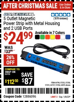 Harbor Freight Coupon U.S. GENERAL 5 OUTLET MAGNETIC POWER STRIP WITH METAL HOUSING AND 2 USB PORTS Lot No. 57256/64798/64876/57252/57250/57251/63737 Expired: 1/8/23 - $24.99