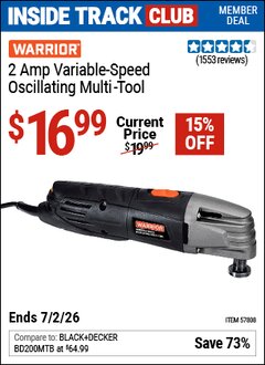 Harbor Freight Coupon WARRIOR 2 AMP VARIABLE-SPEED OSCILLATING MULTI-TOOL Lot No. 57808 Valid: 12/31/69 - 7/2/26 - $16.99